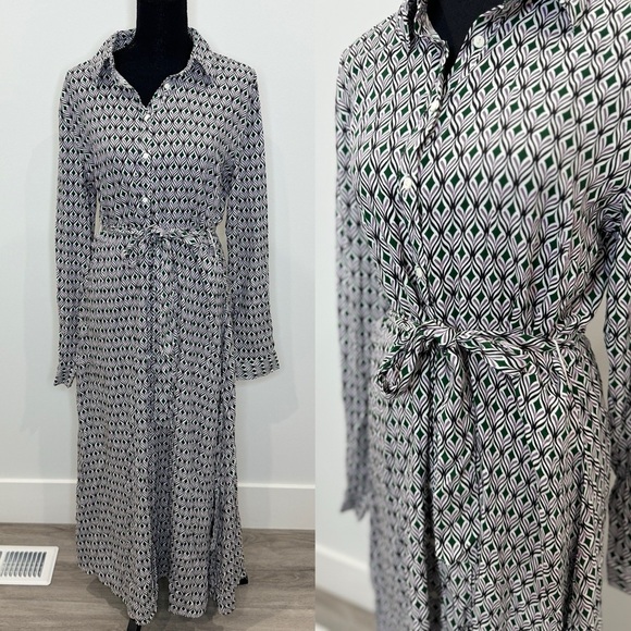 Stradivarius Belted Long Sleeve Maxi Front Button Up Side Slit Dress (Large) - Picture 1 of 10